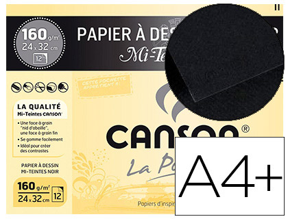 PAPIER DESSIN CANSON MI-TEINTES 160G A4+ UNICOLORE NOIR POCHETTE 12F